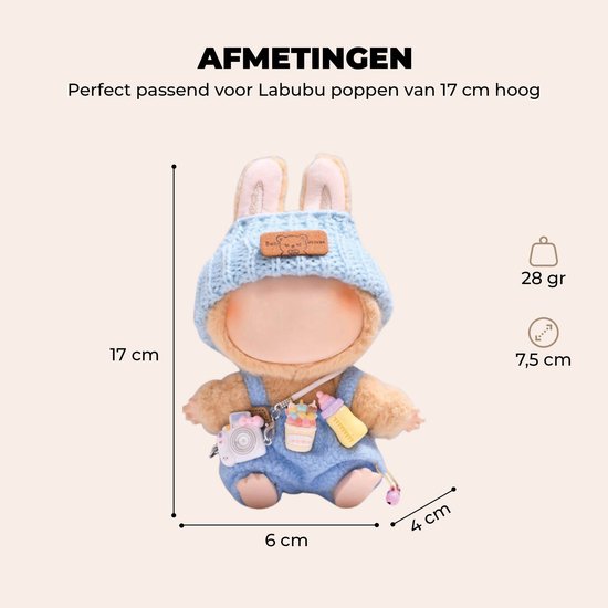 ADEL Kleding Geschikt voor Labubu Pop 17 cm - Inclusief Hoed, Romper, Camera en Schoenen - Schattige Poppenkleertjes - Complete Outfit met Accessoires Blauw van Merkloos — afbeelding 4
