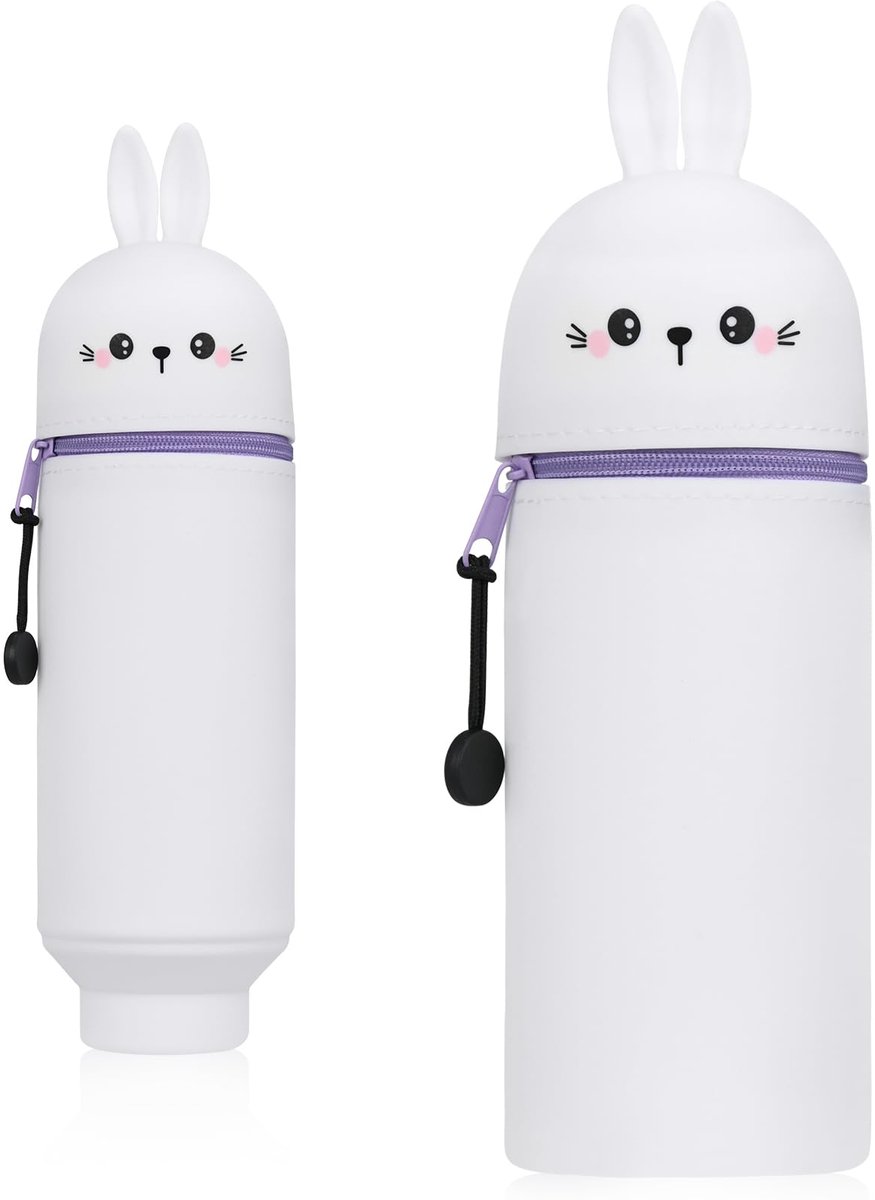 KOOOGEAR 2-in-1 siliconen etui, kawaii etui, etui, staande etui, dierenpenhouder, etui voor meisjes en jongens (wit konijn)