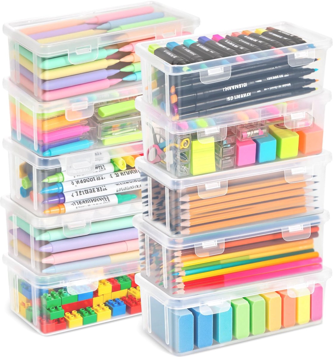 TEBOKHAD Opbergdoos voor kantoorbenodigdheden, kunststof, pennendoos met klikdeksel, stapelbaar, voor schrijfwaren, documenten, pennen, klein gereedschap, BPA-vrij, organizer (M)