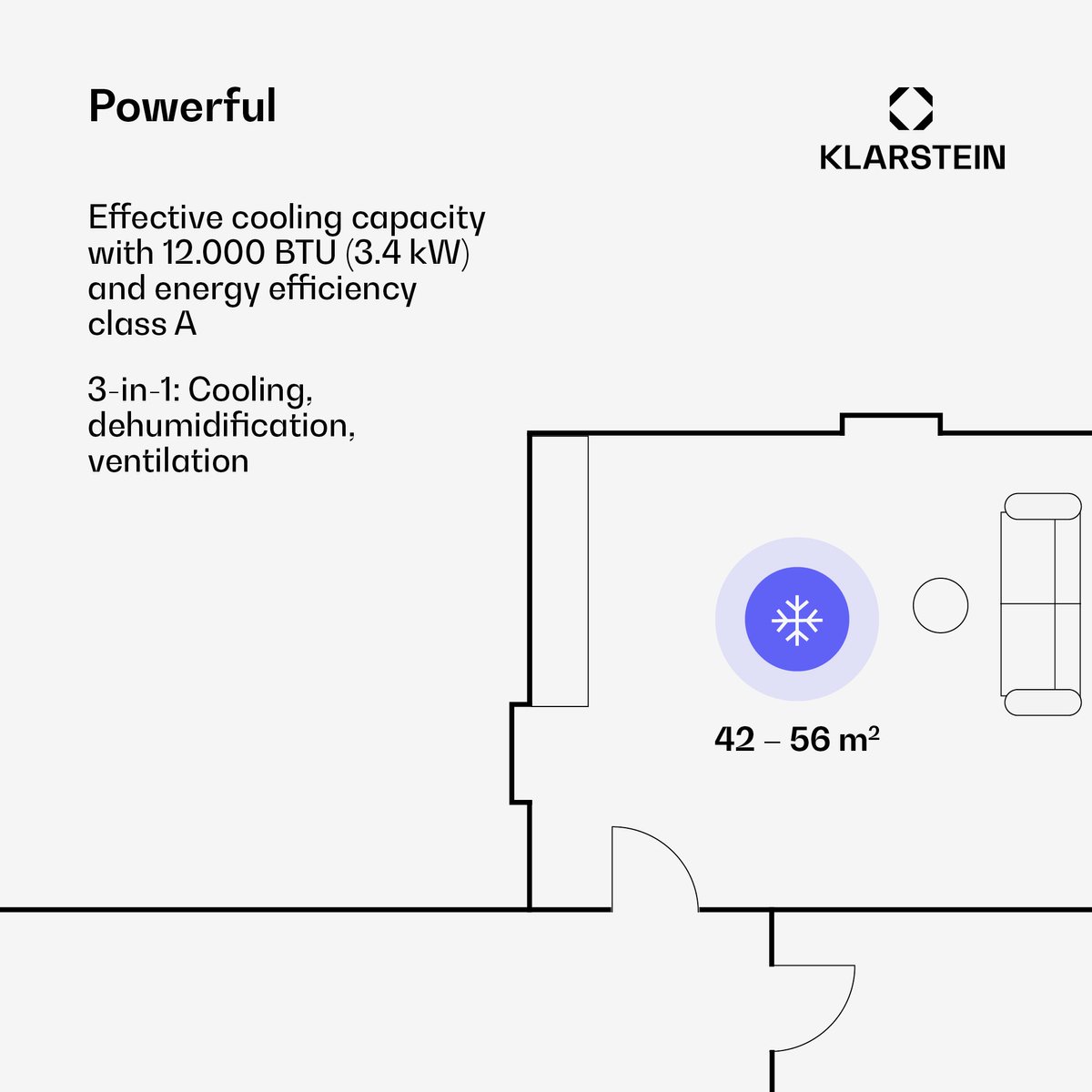 Mobiele airconditioner Klarstein 12.000 BTU 3,4 kW koelvermogen, 5-in-1 luchtkoeler, ontvochtiger, ventilator, app-bediening - Afbeelding 5