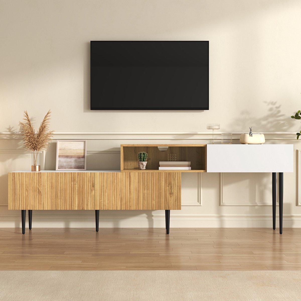 Pugsdrly Moderne tv-kast met verstelbare lengte modulair 2-delig ontwerp houtlook + mat wi