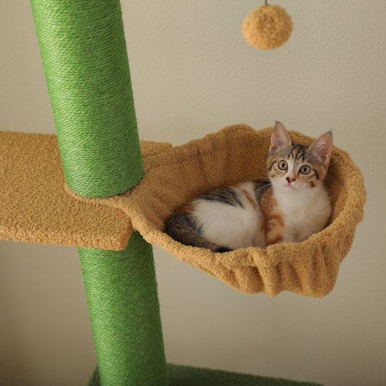 Kitten in een rond, bruin mandje op een groene kattenkrabpaal, met gele pompon.