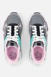 Bovenaanzicht van Skechers S2K sneakers in zilver, roze en mintgroen met witte veters.