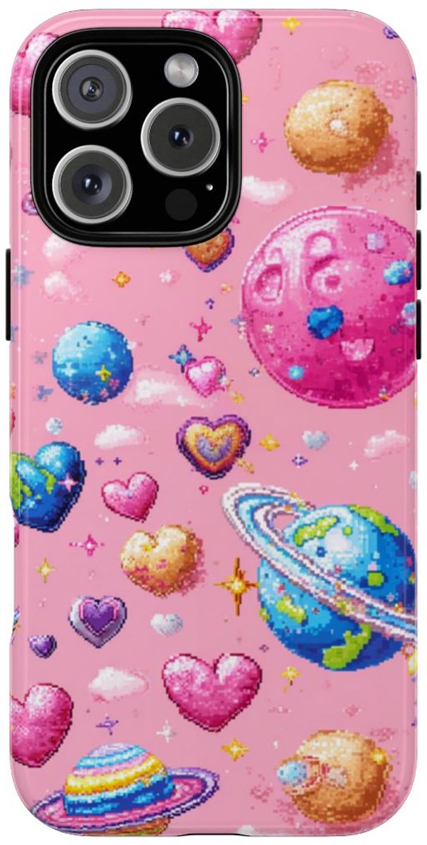 Pixel Art Harten en Planeten Patroon – Telefoonhoesje Geschikt voor iPhone 16 Pro Max
