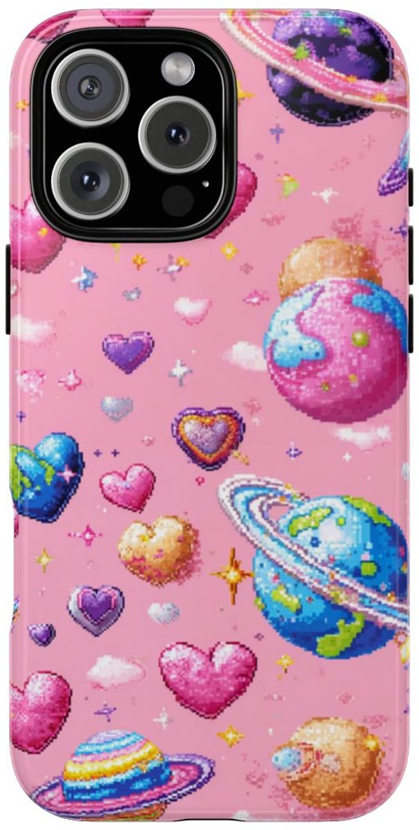 Pixel Art Harten en Planeten Patroon – Telefoonhoesje Geschikt voor iPhone 16 Pro Max