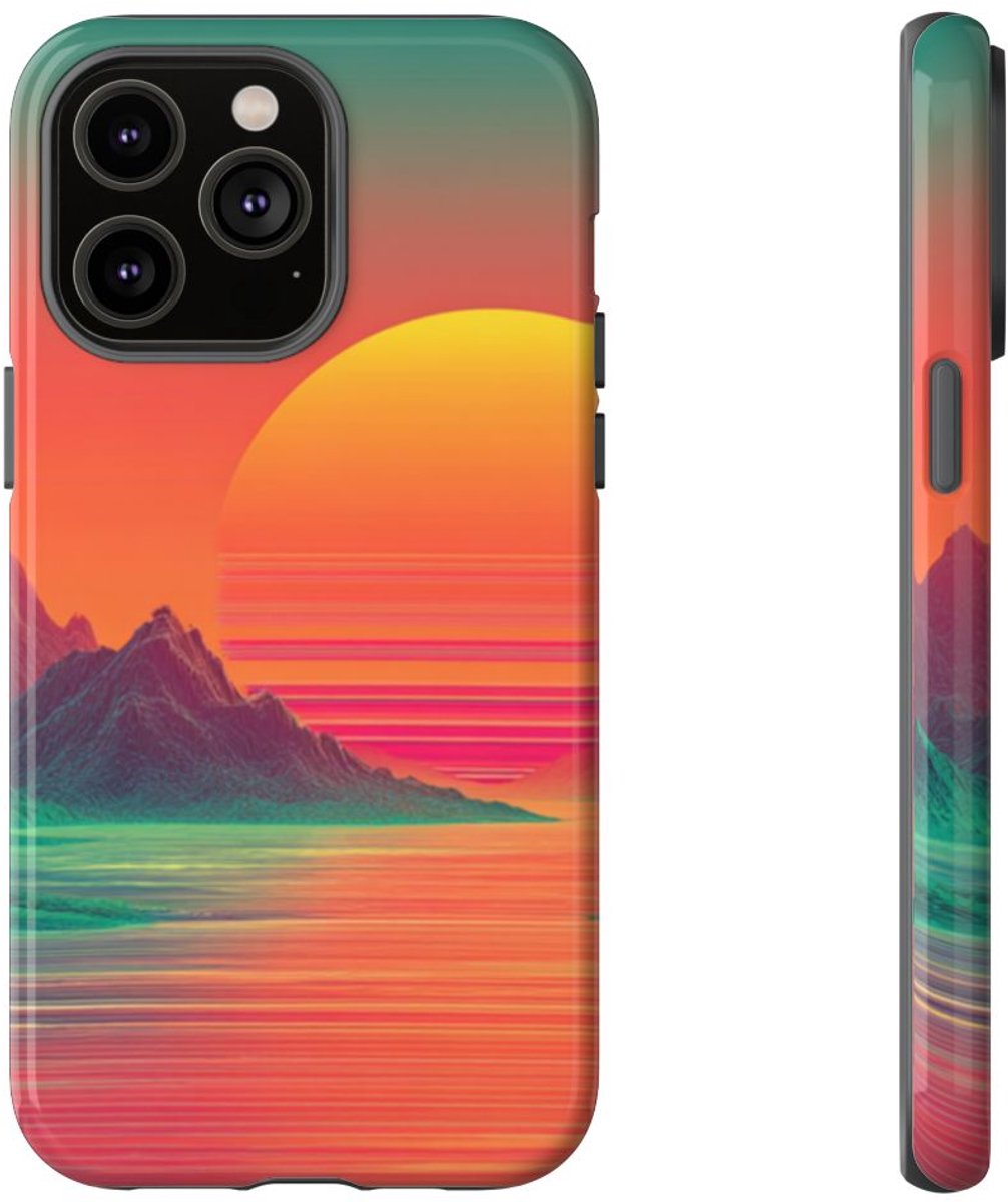 Neon Zonsondergang met Bergen en Zee – Telefoonhoesje Geschikt voor iPhone 14 Pro Max
