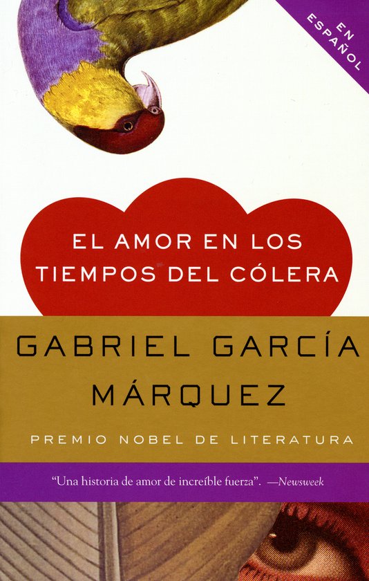 Livre avec un perroquet violet, jaune et vert en haut. Titre : El Amor en los Tiempos del Colera. Auteur : Gabriel García Márquez.