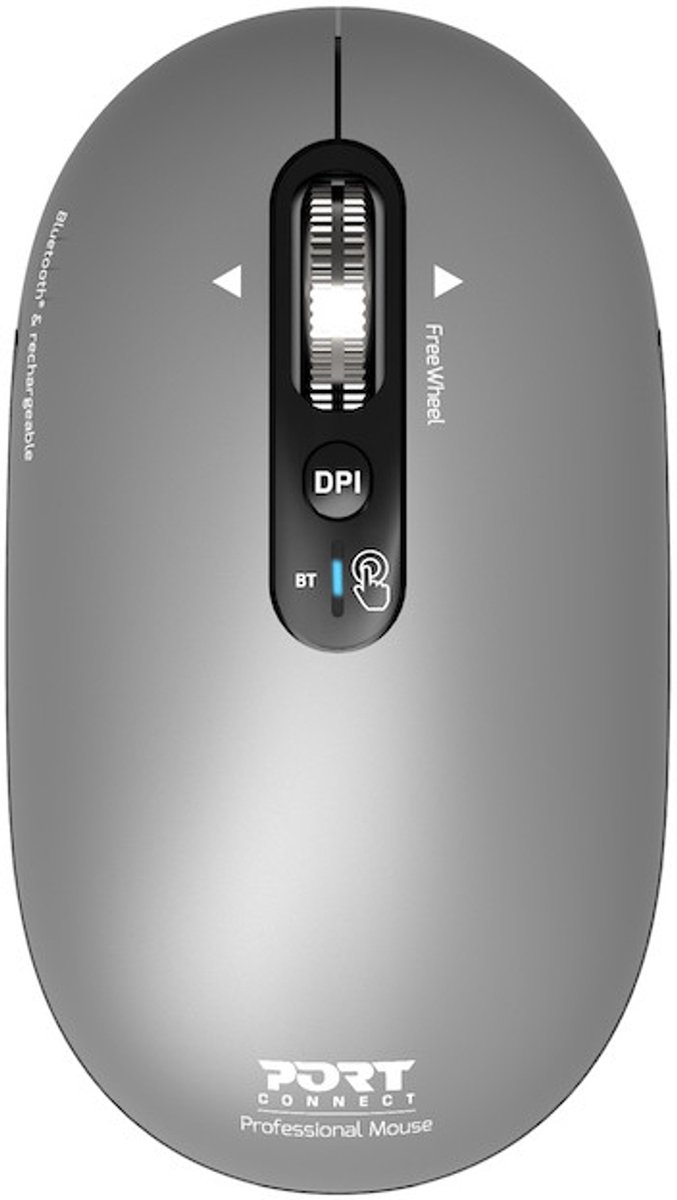 Port Connect 910009 - Muis - Draadloos - Ambidextrous - 3200 DPI - Bluetooth - 4 knoppen - grijs