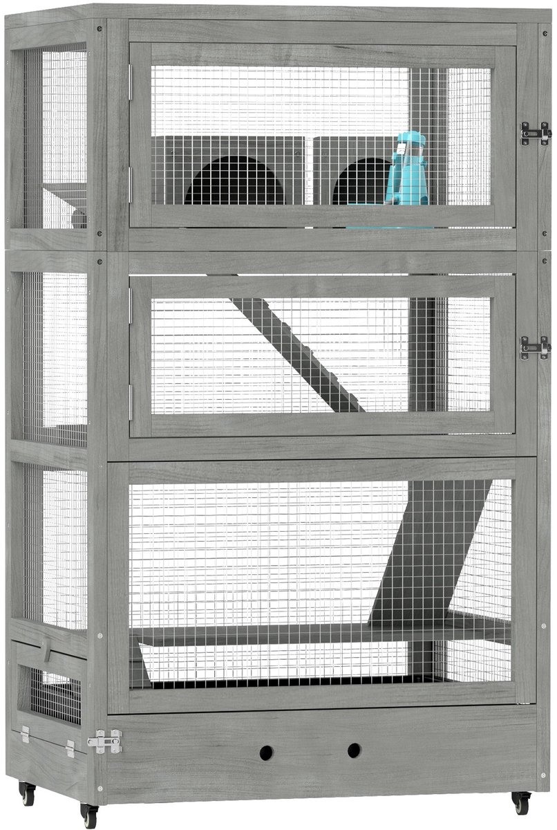 Merax Houten Hamsterkooi 4 Verdiepingen Met Ramen Huisjes Wippen Schuiflade En Wielen 65x45x109 cm Grijs
