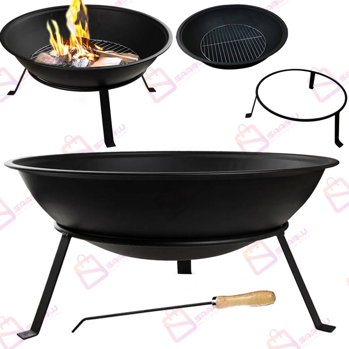Tuin Vuurschaal Ø55 cm – Met Houten Pook & Metalen Standaard – Vuurkorf / Tuinhaard / BBQ Sfeerhaard – Weerbestendig Metaal – vuurton – vuurkorf voor buiten – terrashaard – 51864 van Merkloos