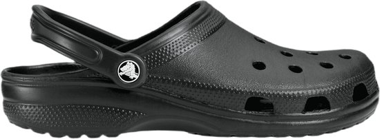 Sabot Crocs noir avec bout rond, bride et trous d'aération.