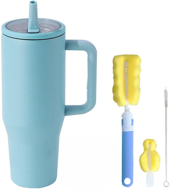 Malidily Roestvrijstalen Thermische met Rietje en Deksel, Travel Mug, Koffiemok Voor Ijskoud of Warm Drinken, Herbruikbare Thermosbeker, Koffiebekers Reisbeker (Lichtblauw, 750ml