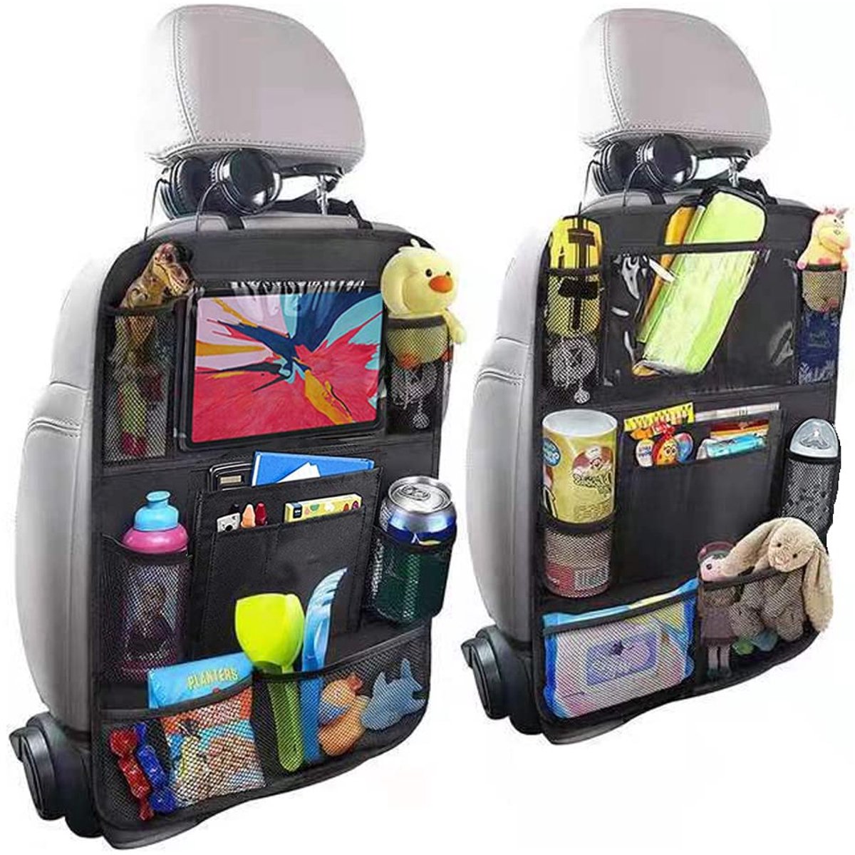 Image of 2-delige autorugleuningbeschermer, autostoelorganizer, auto-organizer voor kinderen en huisdieren, waterdicht, opbergzakken voor kinderspeelgoed, anti-schop autostoelbeschermer, 600D polyester, met opbergtas