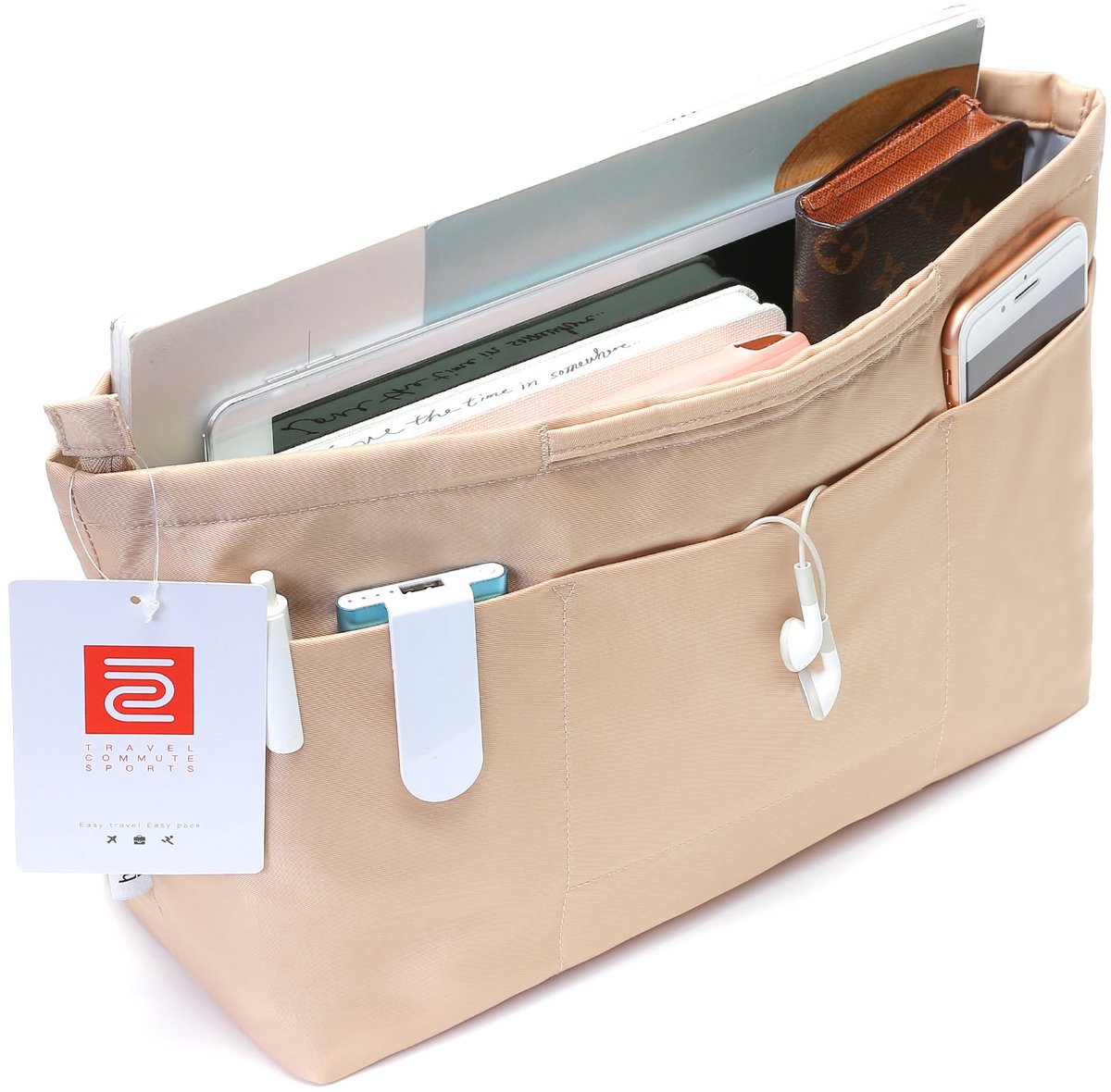 iN Nylon tasorganizer met rits voor dames, handtassen en shoppers, beige. Afmetingen: Groot: 40 cm (boven) / 31 cm (onder) L x 12,5 cm B x 25 cm H