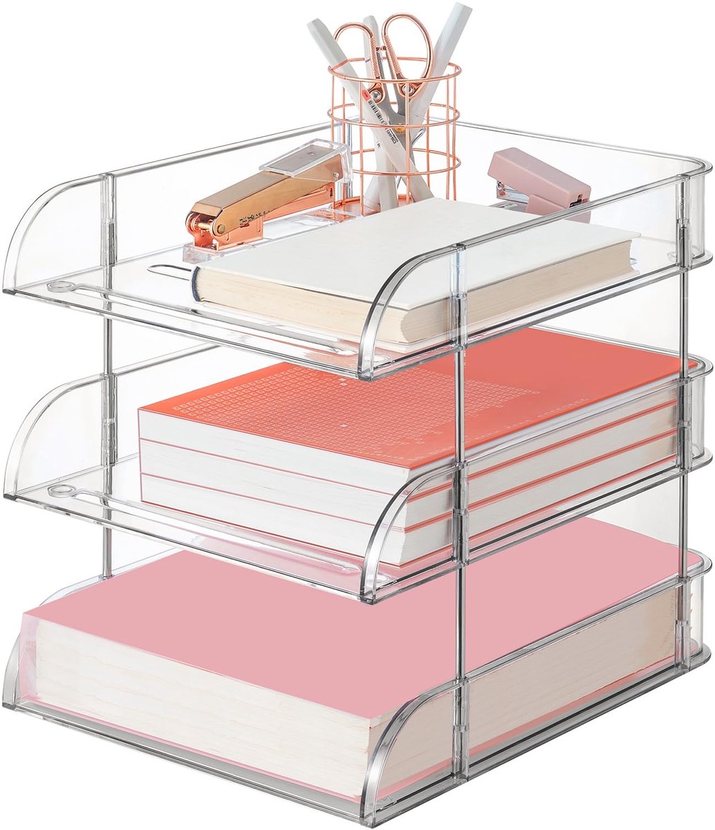 Ibenzoa® Transparante Stapelbare Papierladen Set voor Bureauorganisatie, 3-delige Organizer voor Documenten en Accessoires