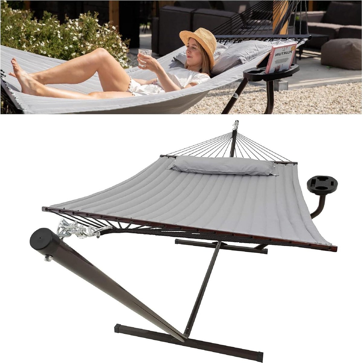 Hangmat met Standaard en Spreidstok voor 2 Personen - incl. Bekerhouder en Afneembaar Kussen - UV- en Weerbestendig - Lichtgrijs