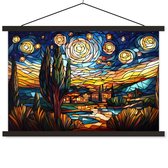 Posterhanger incl. Poster 120x80 cm - Schoolplaat - Hemel - Sterren - Mozaïek - Huizen - Textielposter - Zwarte latten
