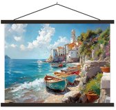 Posterhanger incl. Poster 150x113 cm - Schoolplaat - Boten - Rotsen - Zee - Zon - Textielposter - Zwarte latten