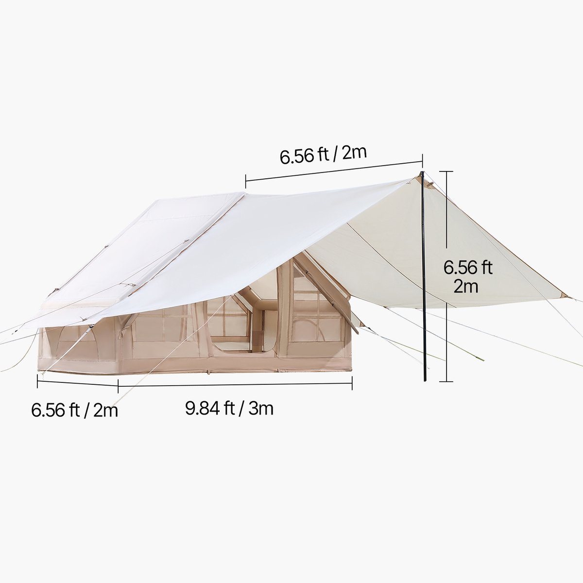 Opblaasbare Kampeertent 3x2x2 M, Geschikt voor 3-5 Personen, 300d Oxford Stof voor Alle Seizoenen, Glamping Tent met Luifel, Handpomp, Ovenopening, 2 Deuren & 2 Gaasramen – foto 8