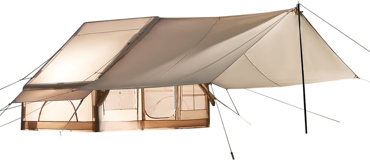 Opblaasbare Kampeertent 3x2x2 M, Geschikt voor 3-5 Personen, 300d Oxford Stof voor Alle Seizoenen, Glamping Tent met Luifel, Handpomp, Ovenopening, 2 Deuren & 2 Gaasramen – foto 3