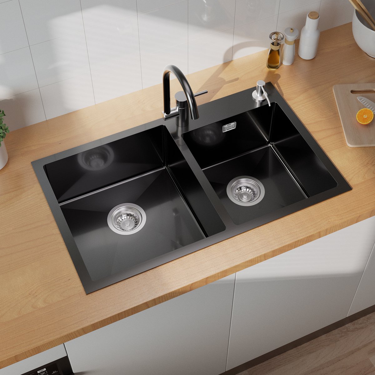 Auralum MAX Dubbele spoelbak voor keuken 75x45cm - Antraciet Spoelbak Keuken - Roestvrij staal- Wasbak met waterafvoersysteem - Met zeepdispenser 300ml