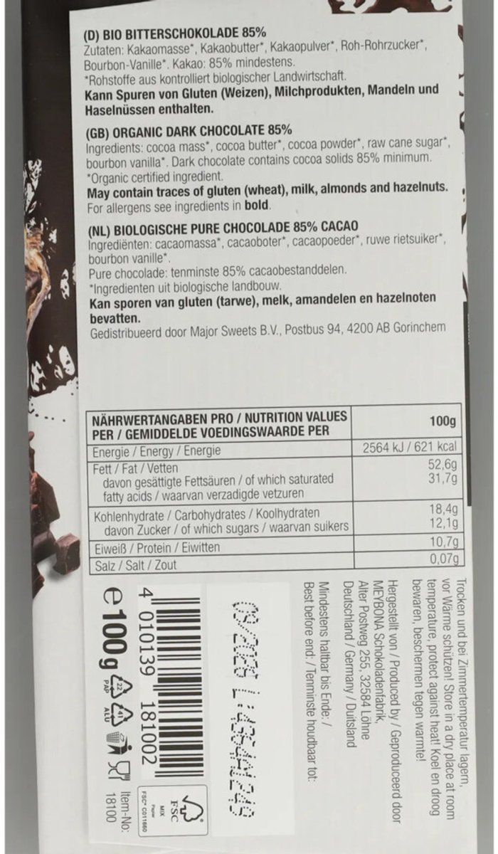Meybona Choco Puur 85% Bio 100 gr
