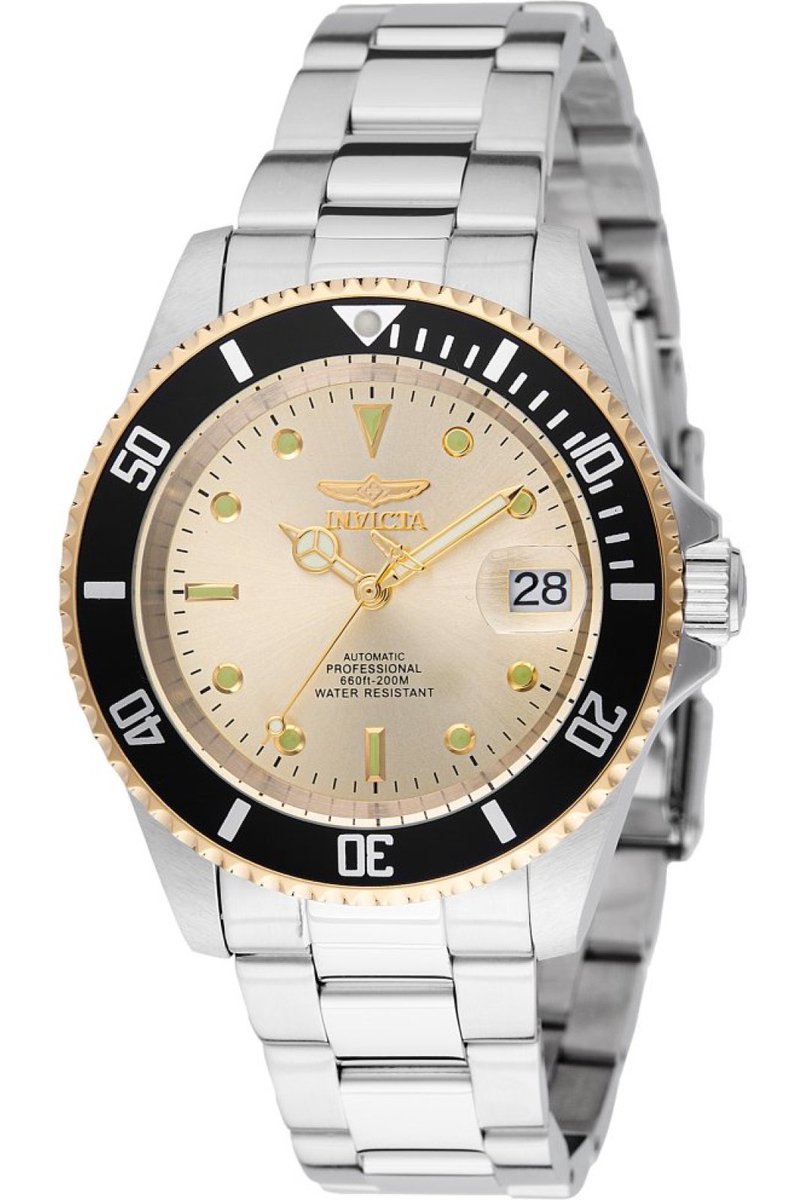 Invicta Pro Diver 49317 Heren Horloge - Waterdicht - Analoog - Automatisch Uurwerk - Roestvrij Staal met gouden Wijzerplaat - 40mm