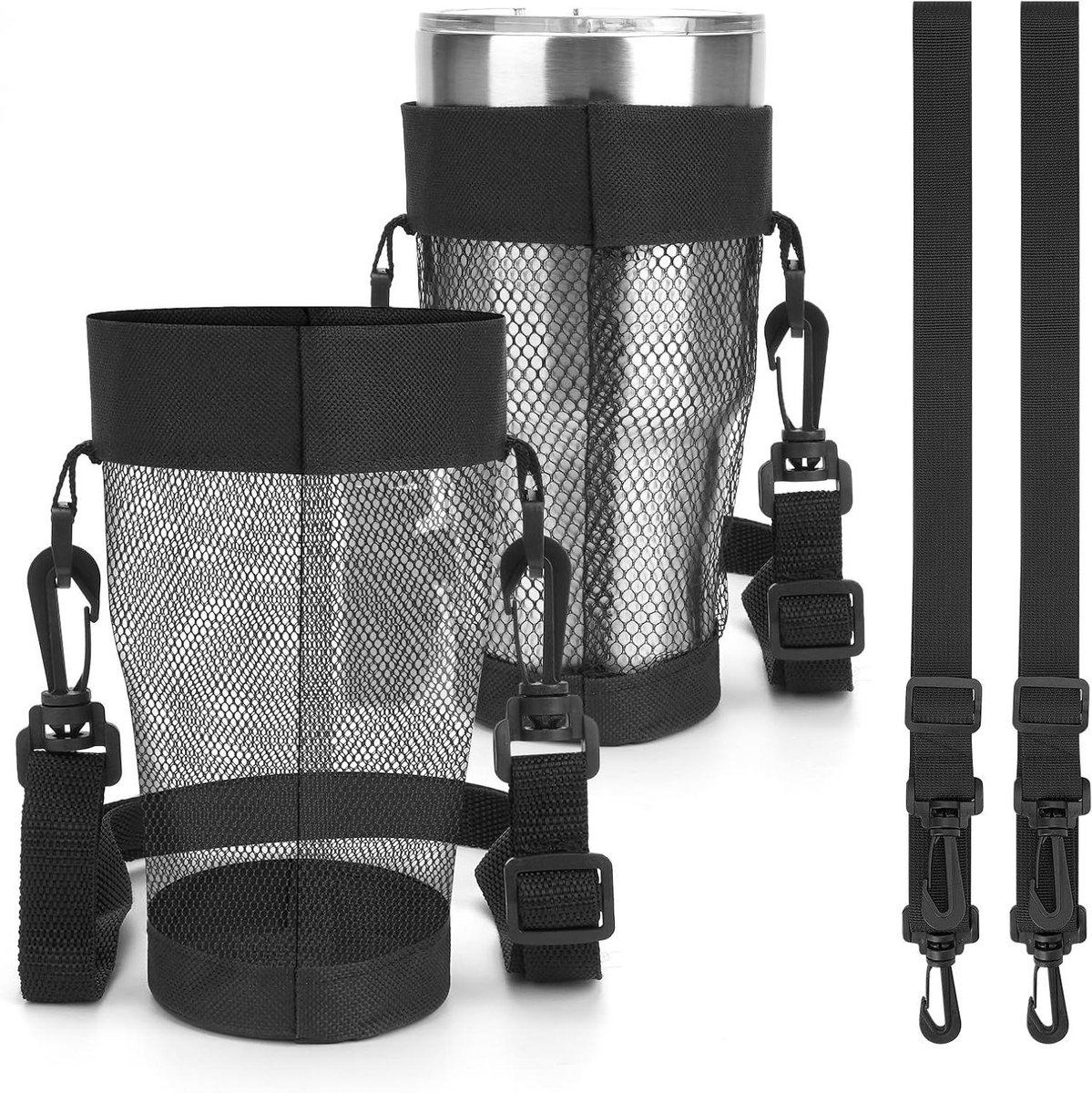 Allecto Plus - Set van 2 Net Bekerhouder Compatibel met 30 oz isoleerbeker Lichte Waterfles Opbergtas met Lange Band Zwart.