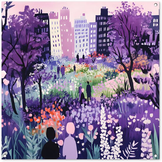 Tuinposter 100x100 cm - Tuindecoratie Park - Bomen - Bloemen - Gebouwen - Poster voor in de tuin - Buiten decoratie - Schutting tuinschilderij - Tuindoek muurdecoratie - Wanddecoratie balkondoek