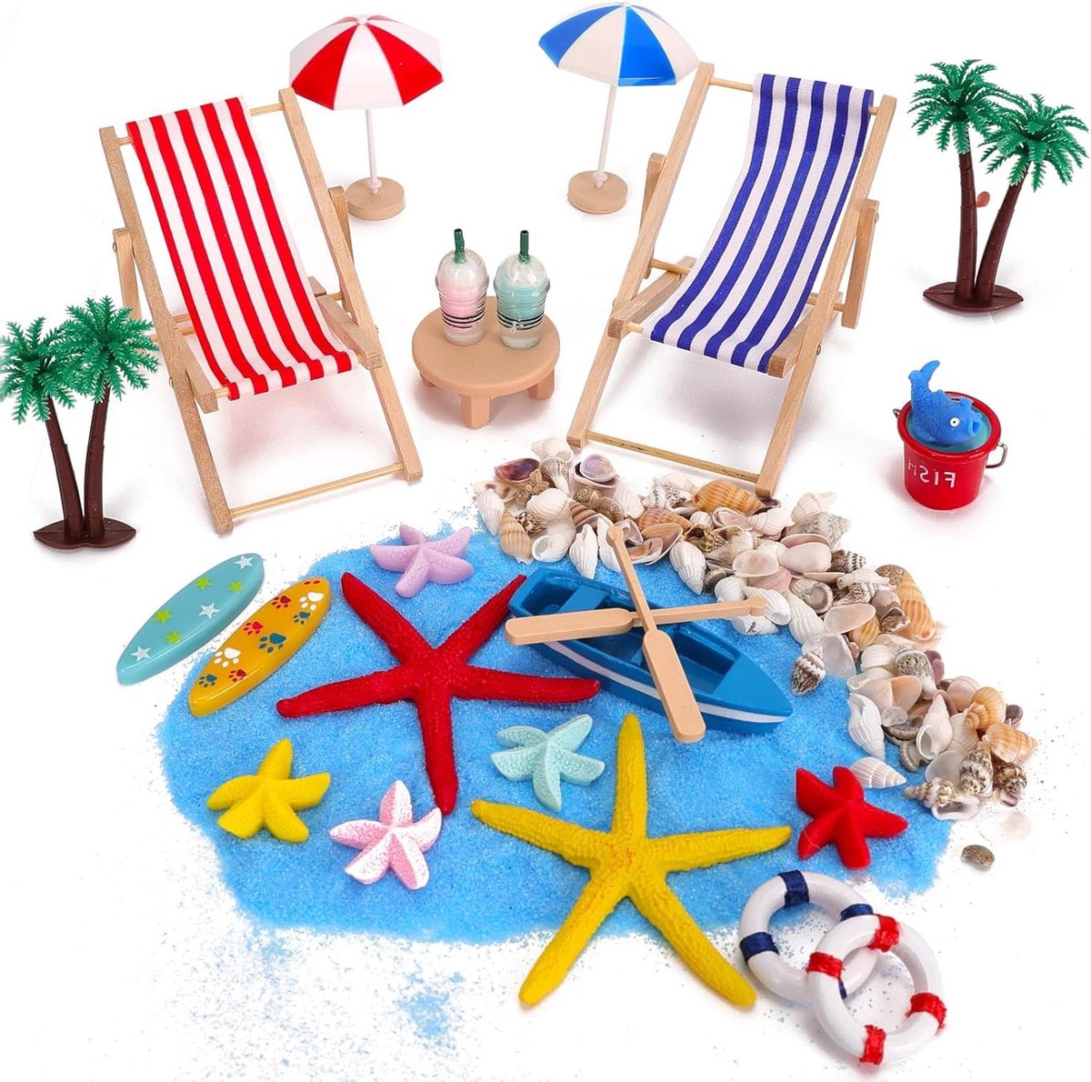 Allecto Plus - Miniatuurset voor doe-het-zelf zentuindecoratie met 26 stuks chique strand-micro-landschap, ligstoel, parasol en palmdecoratie