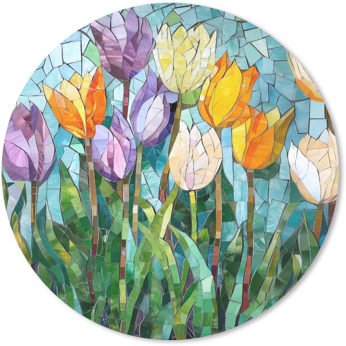 Muismat rond 40x40 cm - Mousepad Mozaïek - Veld - Tulpen - Kleurrijk - Ronde muismatten