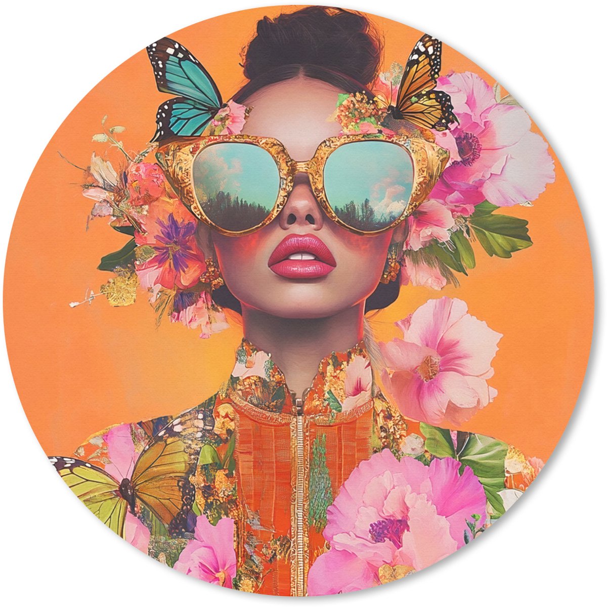 Muismat rond 40x40 cm - Mousepad Vlinders - Vrouw - Zonnebril - Kleurrijk - Ronde muismatten