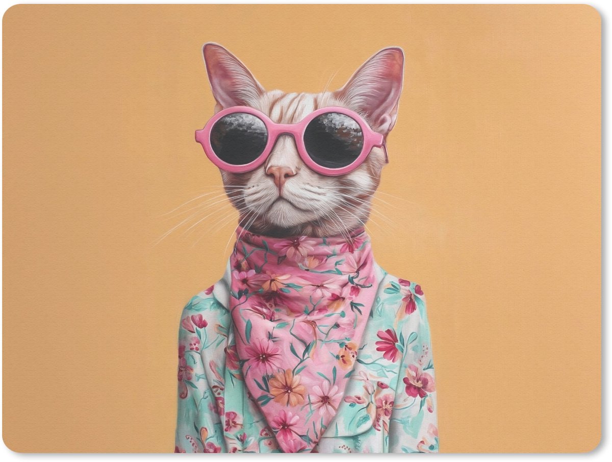 Muismat 23x19 cm - Mousepad Zonnebril - Kat - Sjaal - Bloemen - Muismatten