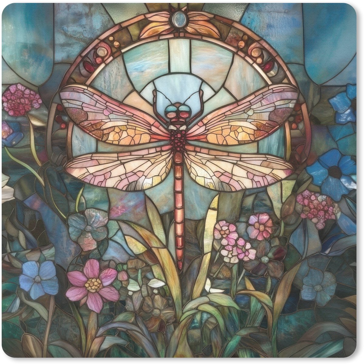 Muismat 20x20 cm - Mousepad Libelle - Mozaïek - Bloemen - Kleurrijk - Muismatten