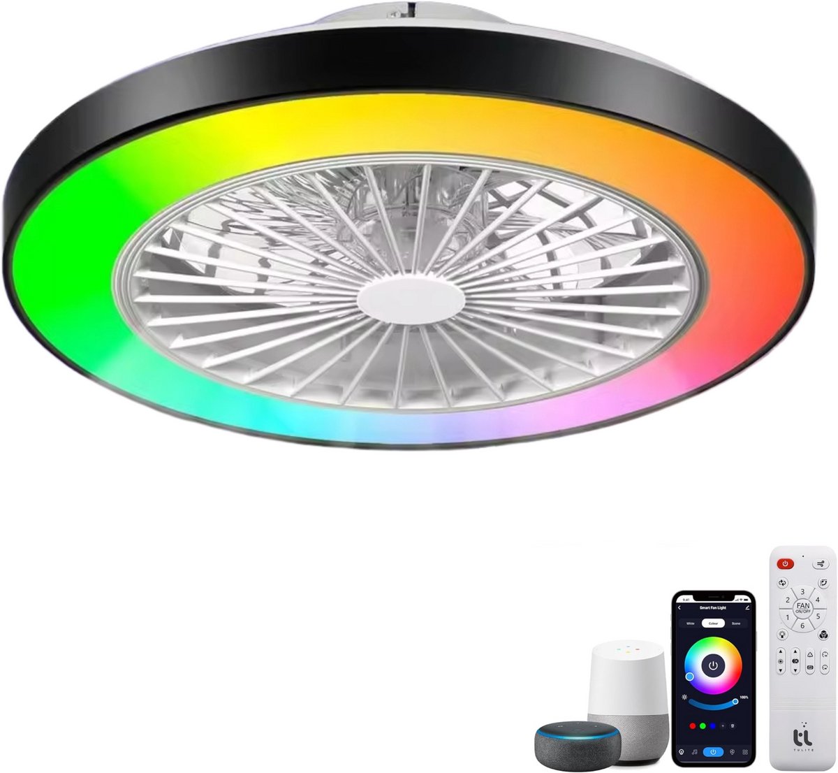 Slimme Plafondventilator met LED Verlichting - App & Afstandsbediening - Plafondlamp met Ventilator - Fluisterstil - Voor Slaapkamer & Woonkamer & Kinderkamer - Ø50 cm - Zwart thumbnail 3