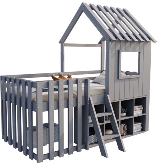 Lit cabane pour enfant 90x200, avec toit et fenêtre, avec espace de rangement ouvert, avec échelle d'escalade, lit superposé pour enfant en bois massif sans matelas, gris