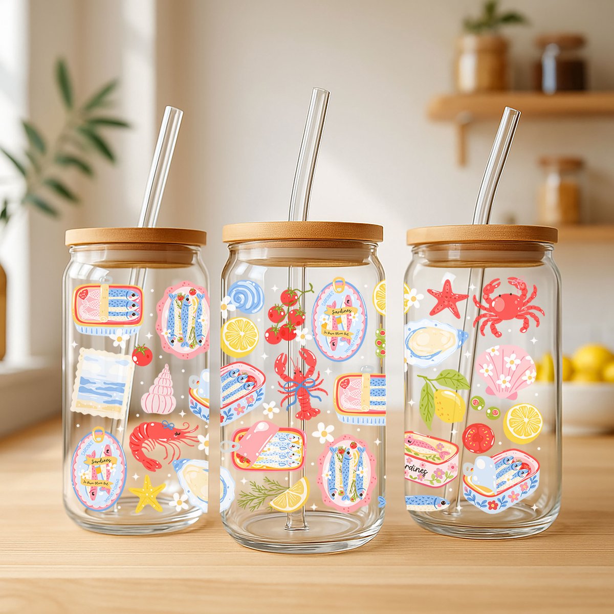 Creasowl® Libbey Glazen Drinkbeker 500ml – Mason Jar met Sardientjes Patroon – Herbruikbaar Drinkglas – Duurzaam Glas voor Smoothies, Water, Ijskoffie – Cadeau voor Visliefhebbers – Vrolijk Design – Glazen rietje – Glazen Beker met Visprint