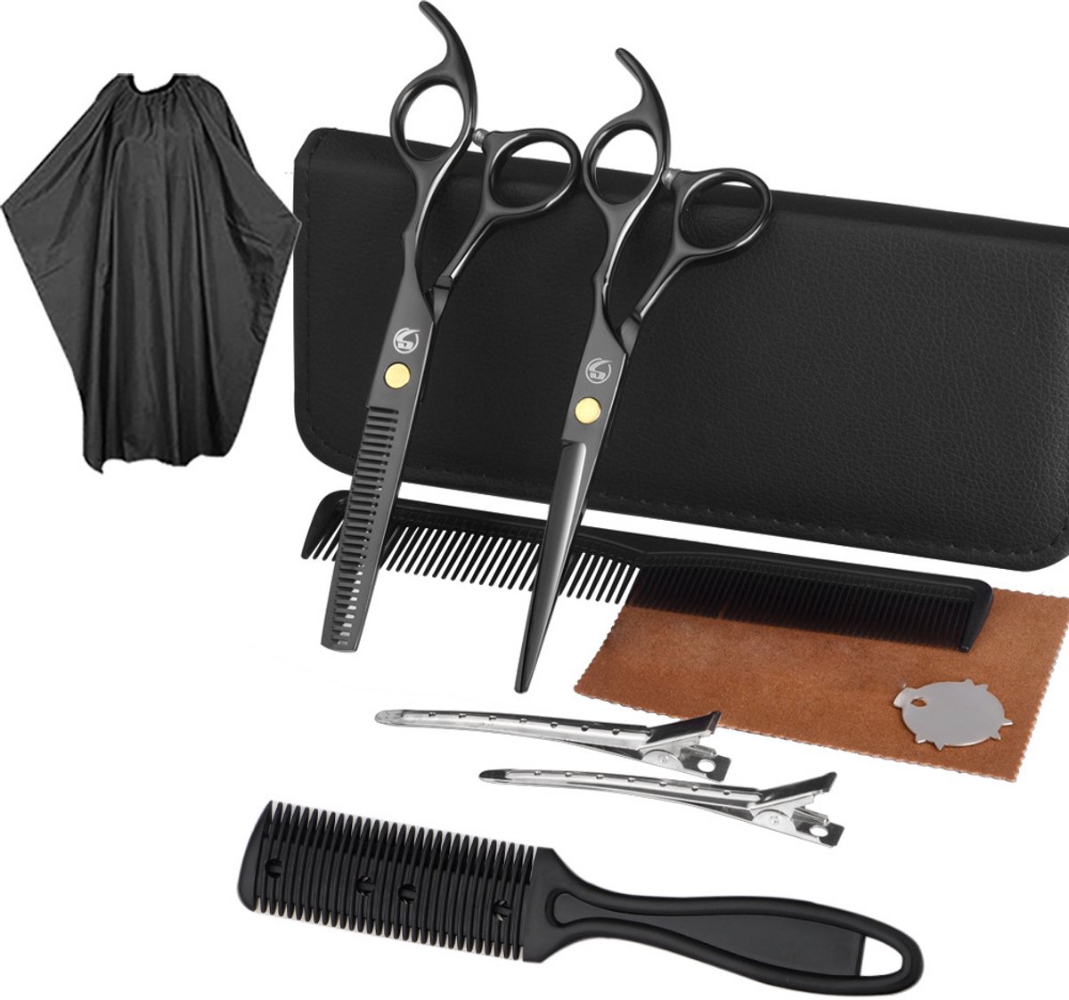Kappersset met kappersschaar, kammen, clips, vacht 10 delig