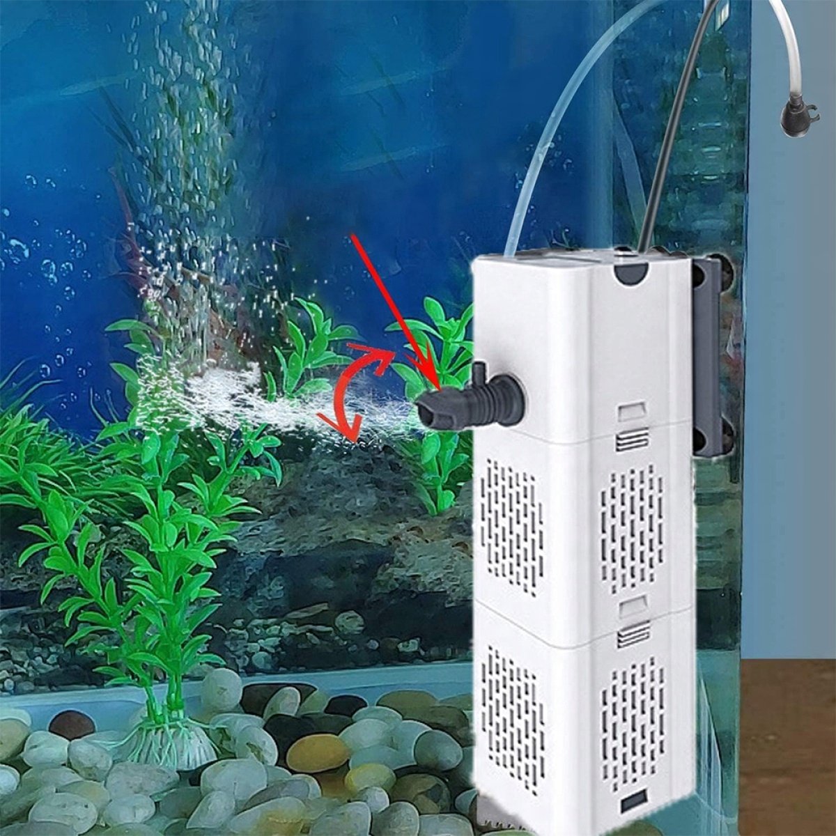 Waterpomp - Aquarium Filterpomp 6W - 500 L/Uur Capiciteit - Met 3 Uitlaten & Biologisch Spons - IP68 Waterdicht - Voor Vissenkom & Vijver - Eenvoudige Installatie – foto 6