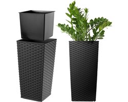 KADAX Bloempot bloembak van kunststof plantenbak voor bloemen binnen en buiten tuin balkon terras huis weerbestendig imitatie rotan (36 cm hoog zwart rotan) 36cm Hoogte