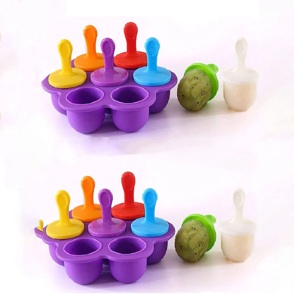 2-stuks siliconen ijsvormpjes - IJsvormpjes - Baby-ijsvormpjes - Met stokjes - Vriezerbak - IJsmaker - IJsvormpje - Mini-ijsvormpjes - Voedseldoos met 7 vakken - Lollymaker - Met stokjes - Donkerpaars