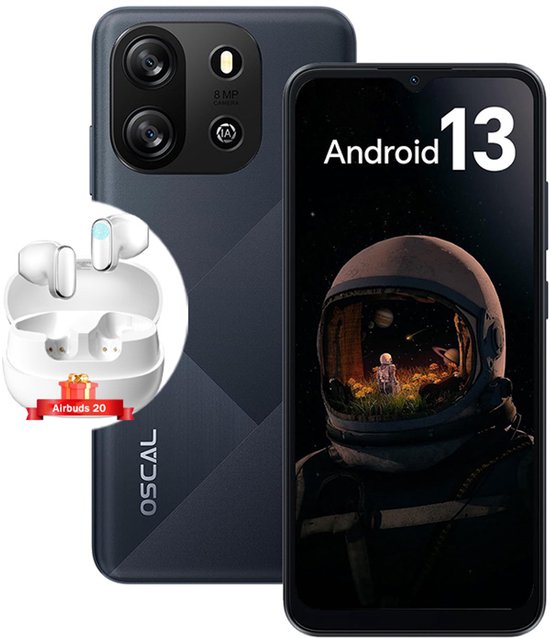 Oscal Blackview Flat 1C 6.517'' 4GB+32GB-SD 1TB 8MP+5MP 4700mAh Android 13 Dual SIM Moonshade Black Met oortelefoon Blackview Airbuds 20