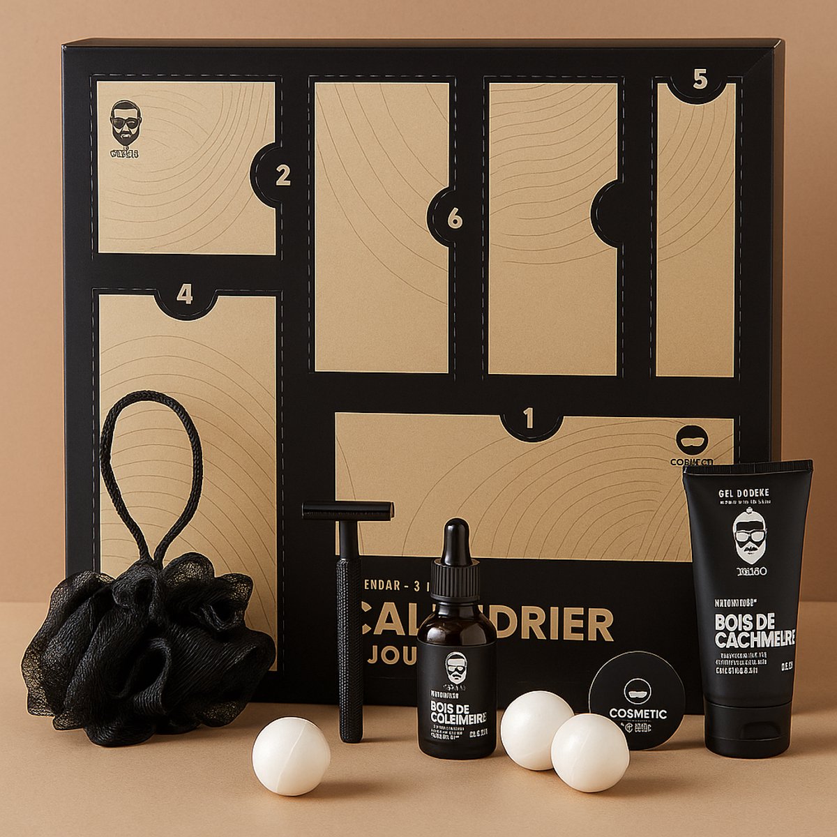 6-Daagse Heren Adventskalender – Luxe Verzorgingsset met Douchegel, Scheermes, Parfum & Badaccessoires – Cadeaubox voor Mannen met Houtachtige Geur - Zwart