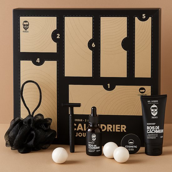6-Daagse Heren Adventskalender – Luxe Verzorgingsset met Douchegel, Scheermes, Parfum & Badaccessoires – Cadeaubox voor Mannen met Houtachtige Geur - Zwart