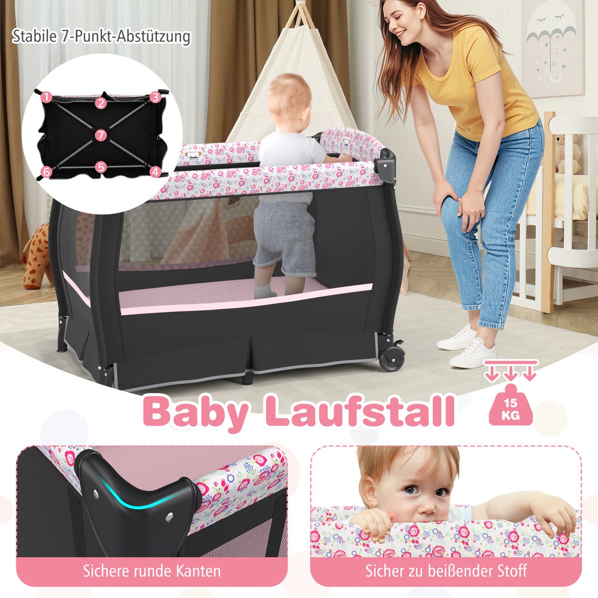COSTWAY 5-in-1 reisbed met matras, bijzetbed inklapbaar met verstelbare luifel, babybed met aankleedkussen, muziekdoos en draagtas, kinderreisbed tot 15 kg belastbaar (roze bloemen) thumbnail 5