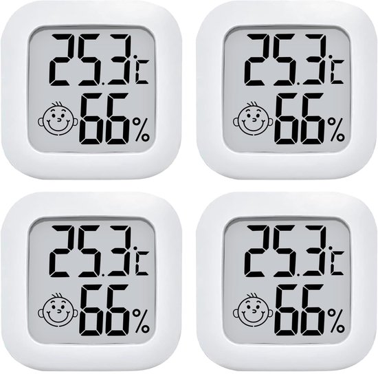 Mini hygrometer - 4 stuks - Weerstation - Thermometer - Luchtvochtigheidsmeter - Zeer nauwkeurige temperatuurmonitor - Thermometer Voor Binnen - Hygrometer - Thermo-hygrometer - Comfortniveau-indicator - Wit