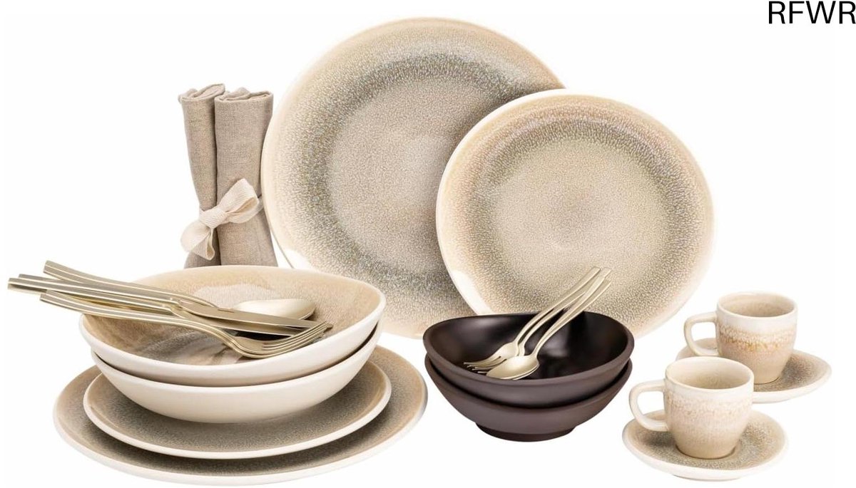 RFWR® Aardewerk serviesset voor 8 personen - Modern design Dune/Slate Grey