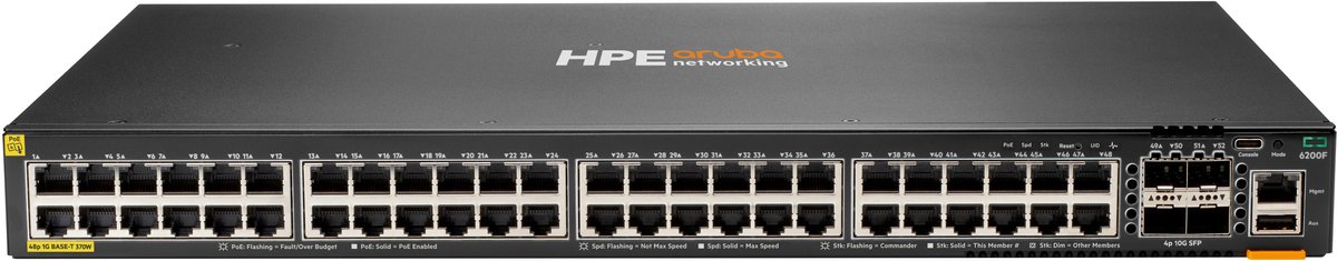 HPE Aruba Networking CX 6200F 48G Class-4 PoE 4SFP+ 370W Switch Managed L3 Gigabit Ethernet (10/100/1000) Power over Ethernet (PoE) 1U