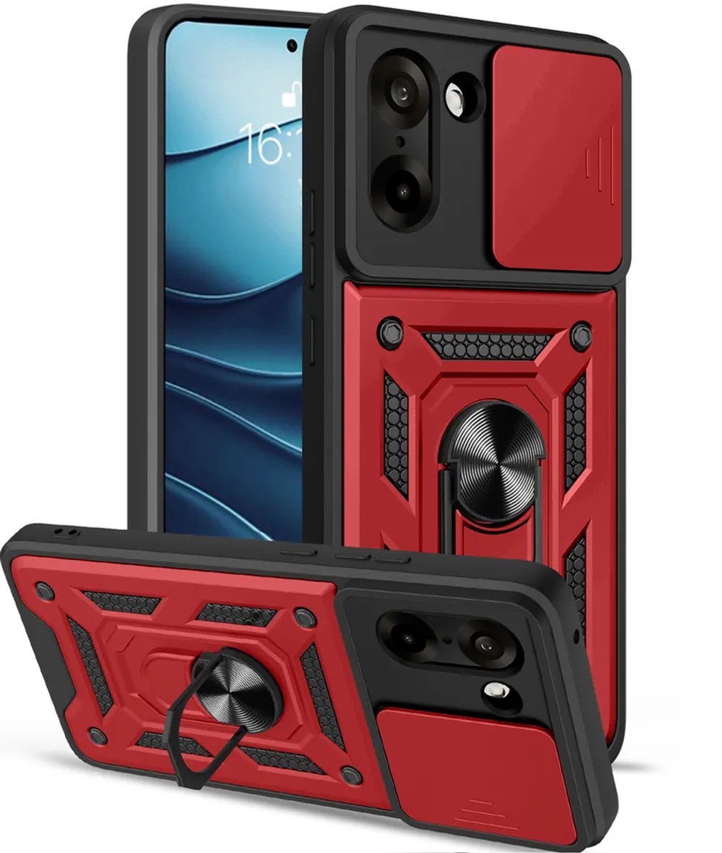 MobyDefend Hoesje - Geschikt voor OnePlus Nord CE 5 - Pantsercase Met Draaibare Ring - Rood