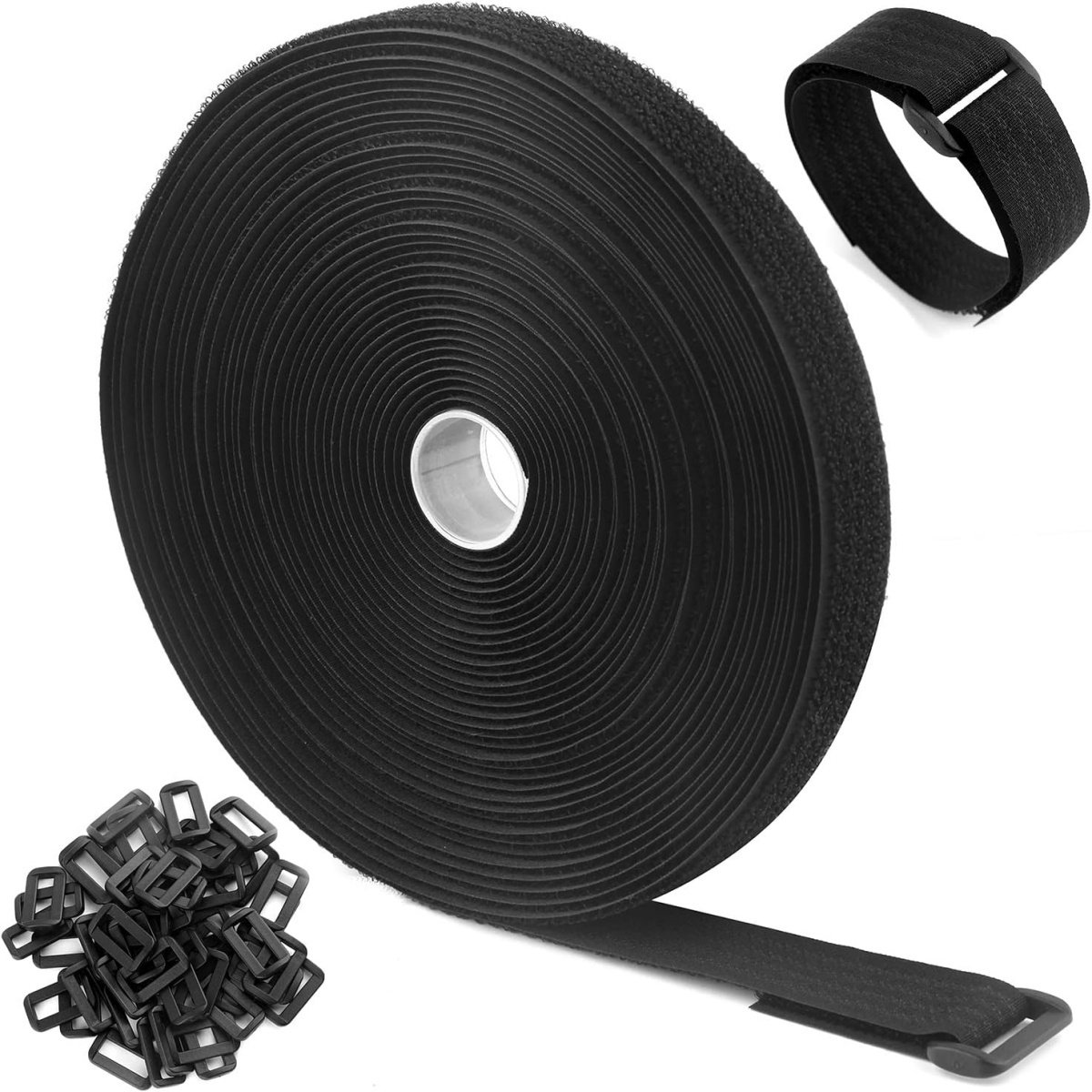 EXCITAT Klittenbandriemen - Klittenbandkabelbinders - Kabelklittenband - Zwarte klittenbandriemen - Vrij in te korten lengte - Met 50 gespen - 10 m x 2 cm